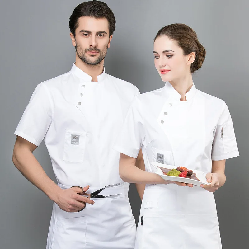 

Short Sleeve Chef Jackets Kitchen Chef Restaurant Uniform Custom Logo Shirt Service Bakery Breathable Chef Dress White Apron Men