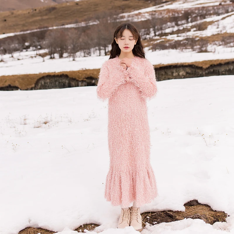 

Autumn Winter Women's Sweet Pink Fi Tail Dr Loose Long Sve Midi Skirt Faionable Base Layer Skirt Princ Sle