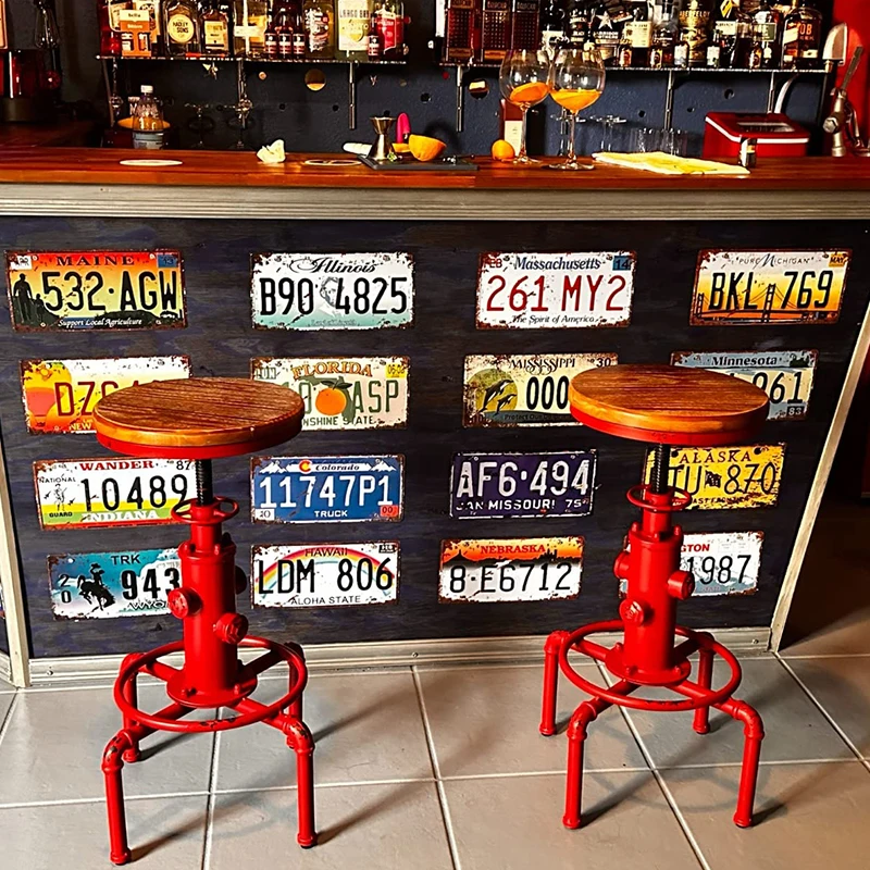 

Fire Hydrant Bar Stool Industrial Vintage Adjustable Swivel Height Pub Chair Solid Wood & Iron Frame for Boutique Cafe Reception