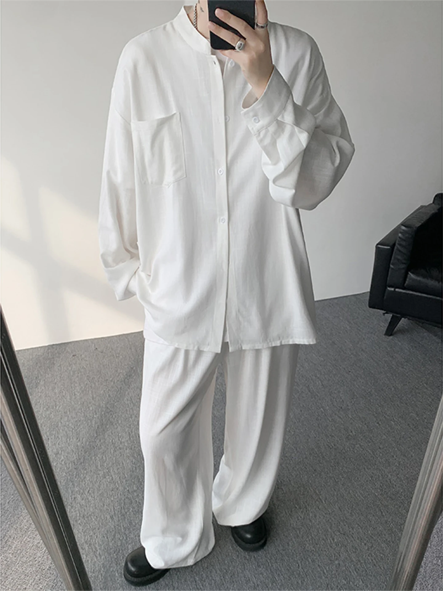 

Loose Fit Collarless Shirt Set Men's Spring New Style Lazy Fashion Brand Handsome Two-Piece Set Casual Sportswear Ensemble