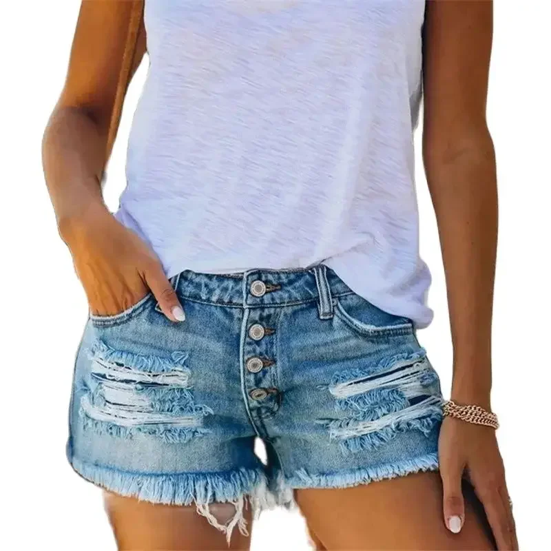 

Women Single-breasted Splicing Mid Waist Denim Shorts Broken Holes Tassel Trouser Legs Three Quarter Pants Female New Mini Jeans