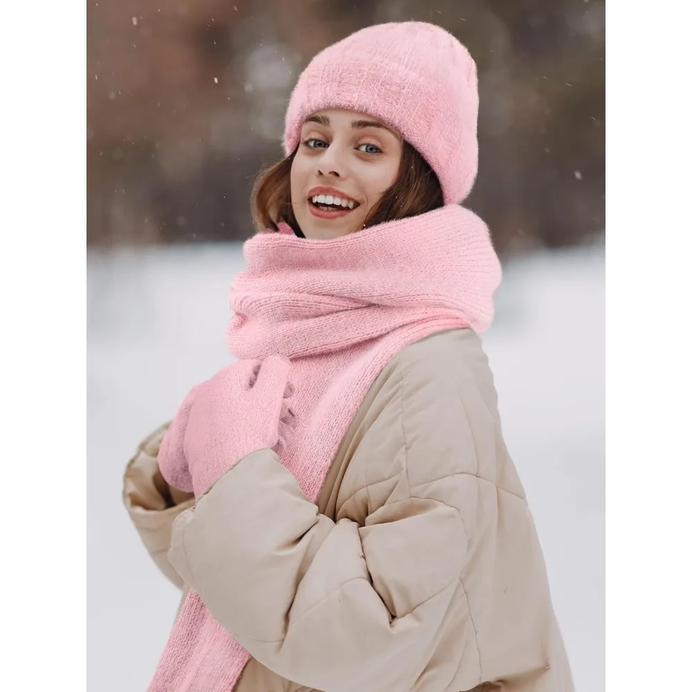 الشتاء قبعة قبعة وشاح قفازات، الدافئة الصوف متماسكة قبعة وشاح طويل الرقبة أدفأ شاشة تعمل باللمس قفازات الشتاء مجموعة هدايا للنساء
