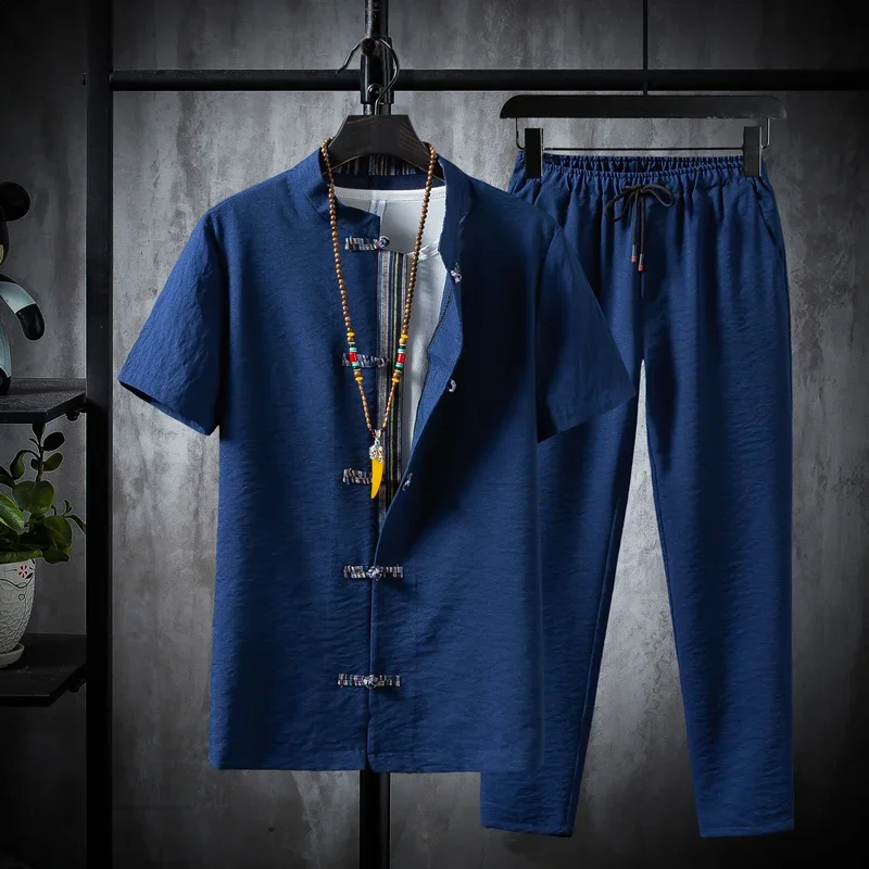

Shirts + Pants Summer Cotton Linen Shorts Sleeve Men's Casual Sets Male Fashion Trousers and Shirts Men Full Size M-5XL