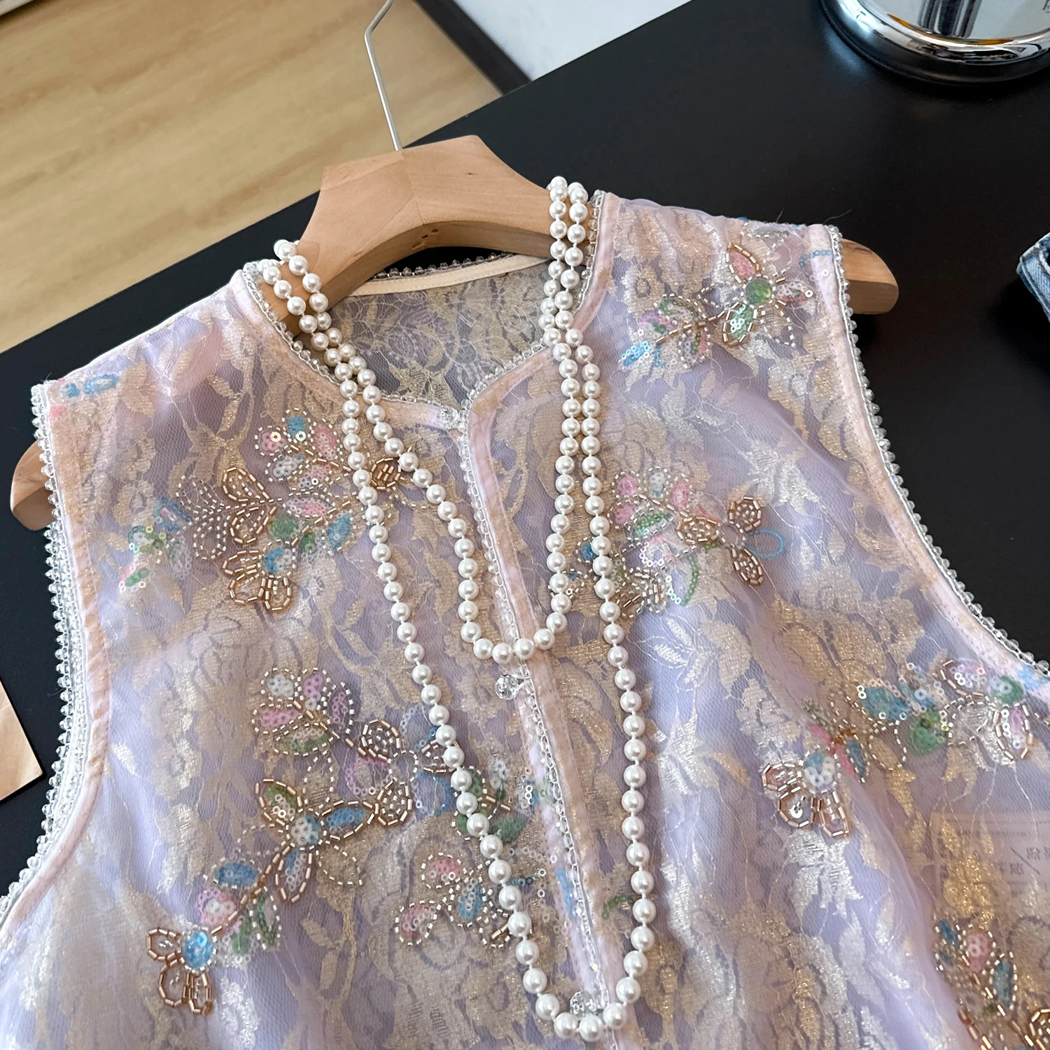 New Chinese Style Heavy Embroidery Sequin Hanfu Vest Sleeveless Top Summer Thin Mesh Sensation Tank Top Yellow/Purple view 2