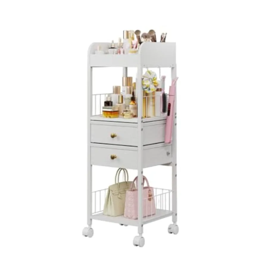 

Floor Makeup Organizer with Lockable Wheels and 8 Dividers, 2-Drawer Rolling Skincare Cart for Cosmetics/Perfume/Nail Polish, M