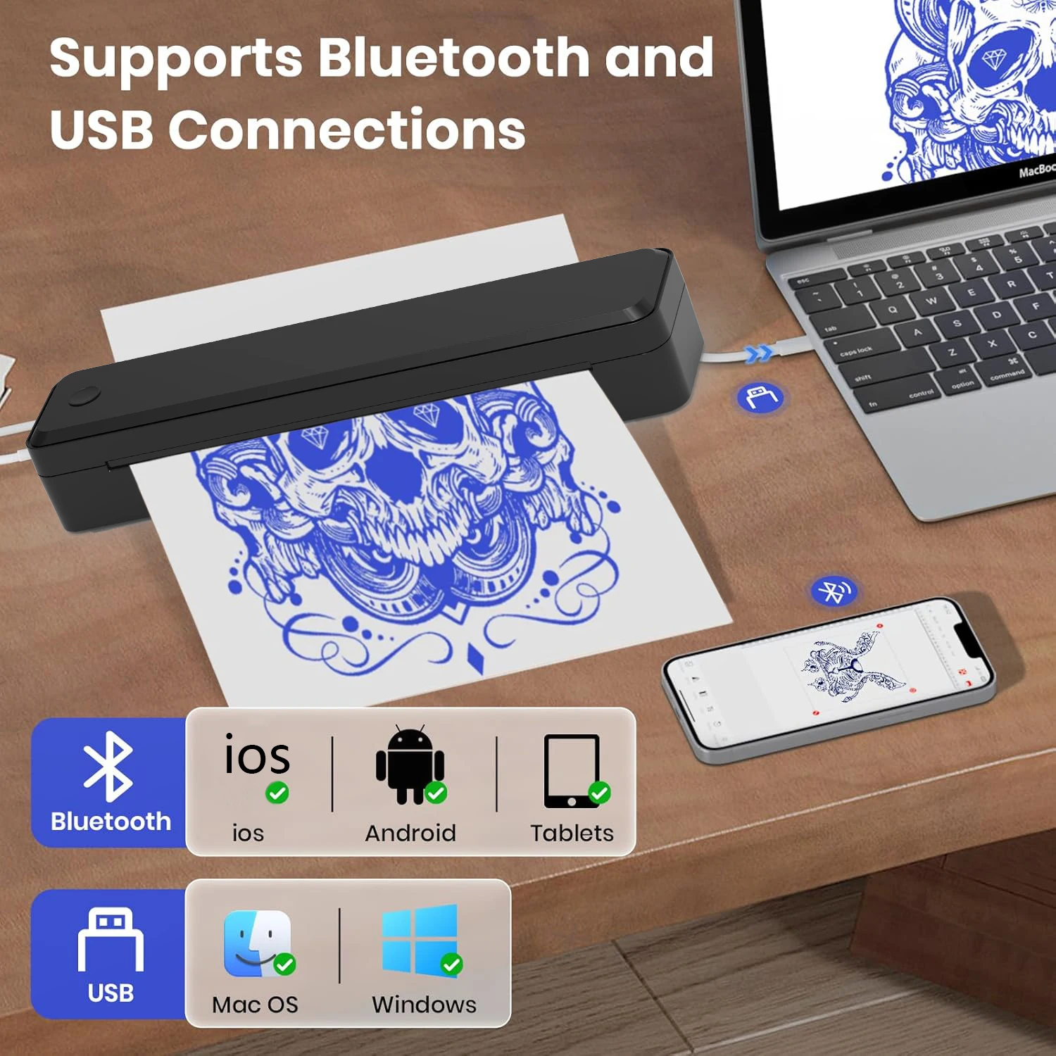 Wireless Tattoo Transfer Machine Bluetooth Tattoo Thermal Stencil Printer Compatible with Smartphones&PC