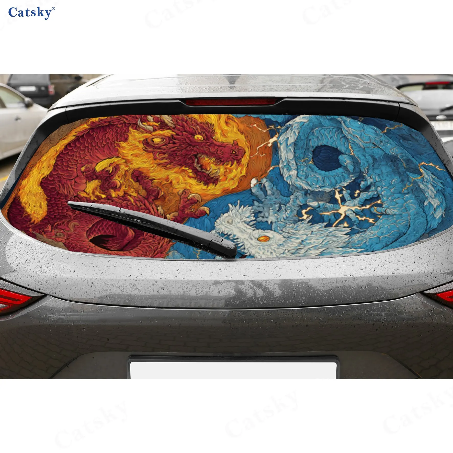 

Fire & Ice Dragon Duel Epic Adventure PVC Perforated Car Vinyl Wraps, Durable Car Rear Windshield Sticker, Waterproof Car Rear W
