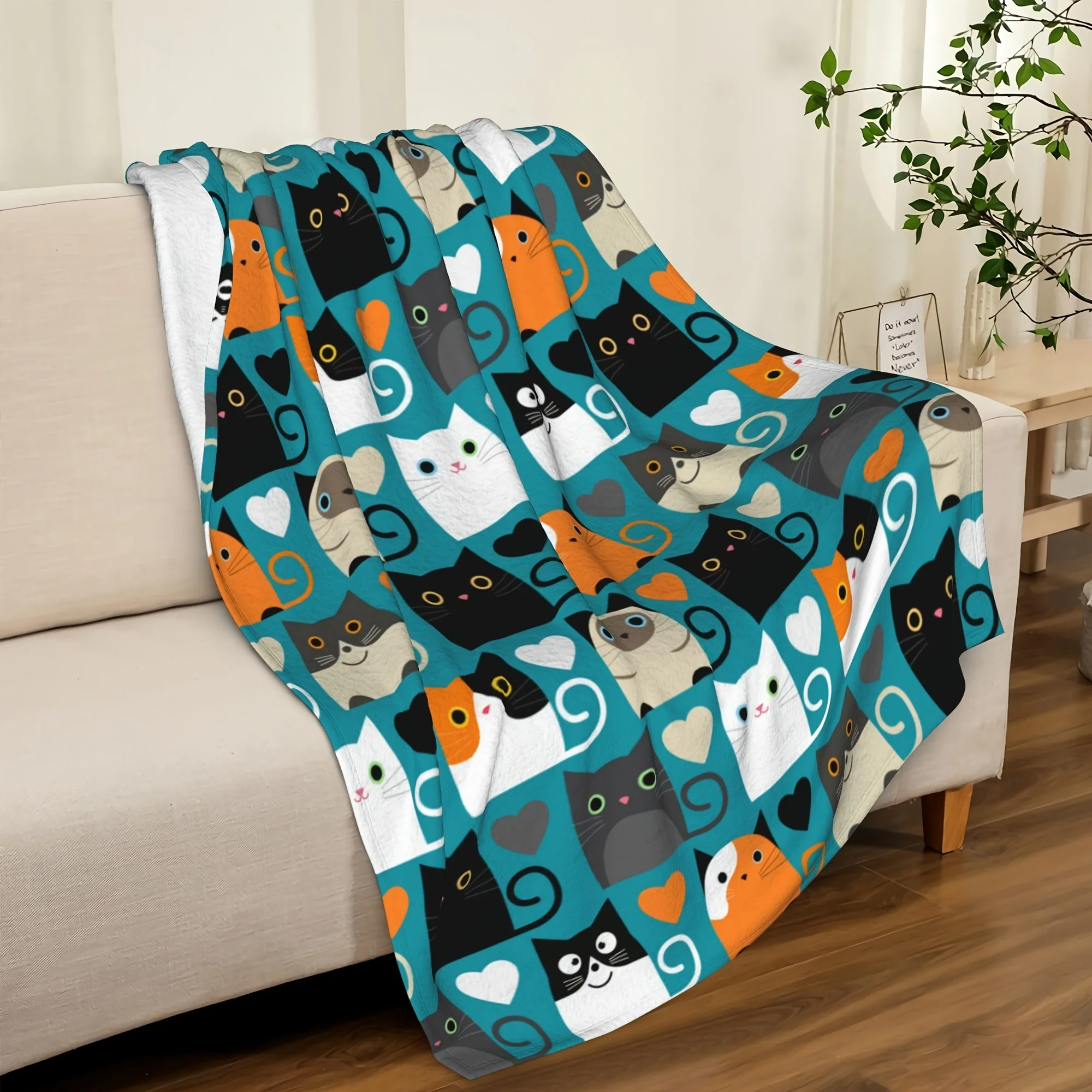 2D Flat Printing, 1pc Cute Cartoon Style Blanket, Printed with Multi-Style Cartoon Cats And Heart Tails, Nap Mat Suitable for So