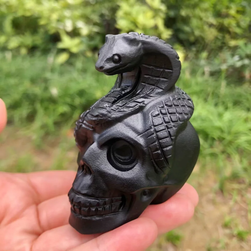 7cm Natural Black Obsidian Skull With Cobra Snake Carving Statue Gothic Witchcraft Halloween Altar Crystal Decor Ornament