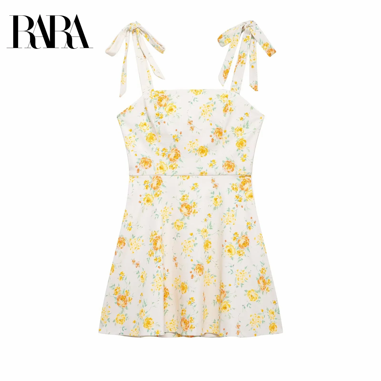 

RARA 2025 Women’s Floral Printed Spaghetti Straps Tie Detail Square Neck Fit and Flare Dress Ideal for Casual Daily Wear