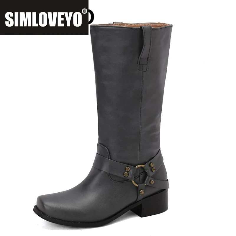

SIMLOVEYO Cowboy Western Boots for Female Square Toe Block Heels 4.5cm Slip On Metal Decoration Large Size 46 47 48 Casual Bota