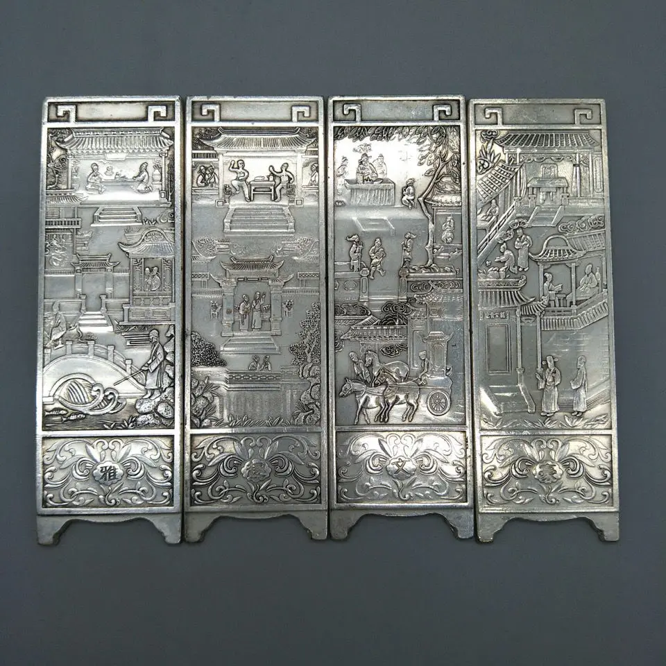 

White Copper Elegant and Fun Literary Hero Screen, Book Bag, Thick and Exquisite Carved Antique Bronze Ware Collection
