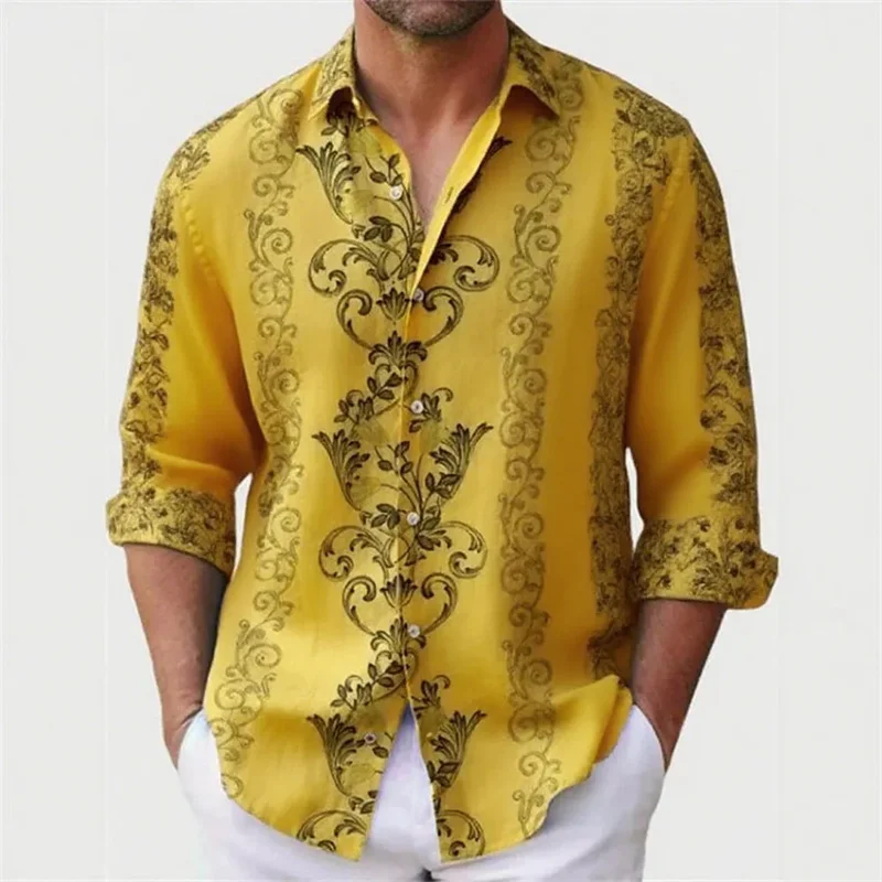 

2025 new men's retro lapel shirts in a variety of colors, casual 3D printed four-way stretch long-sleeved shirt tops