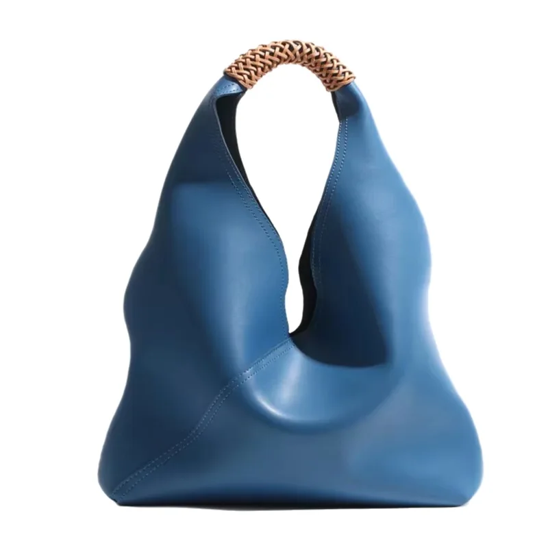Women's Genuine Leather Underarm Bag Large Capacity Hobo Tote Bag with Woven Handle