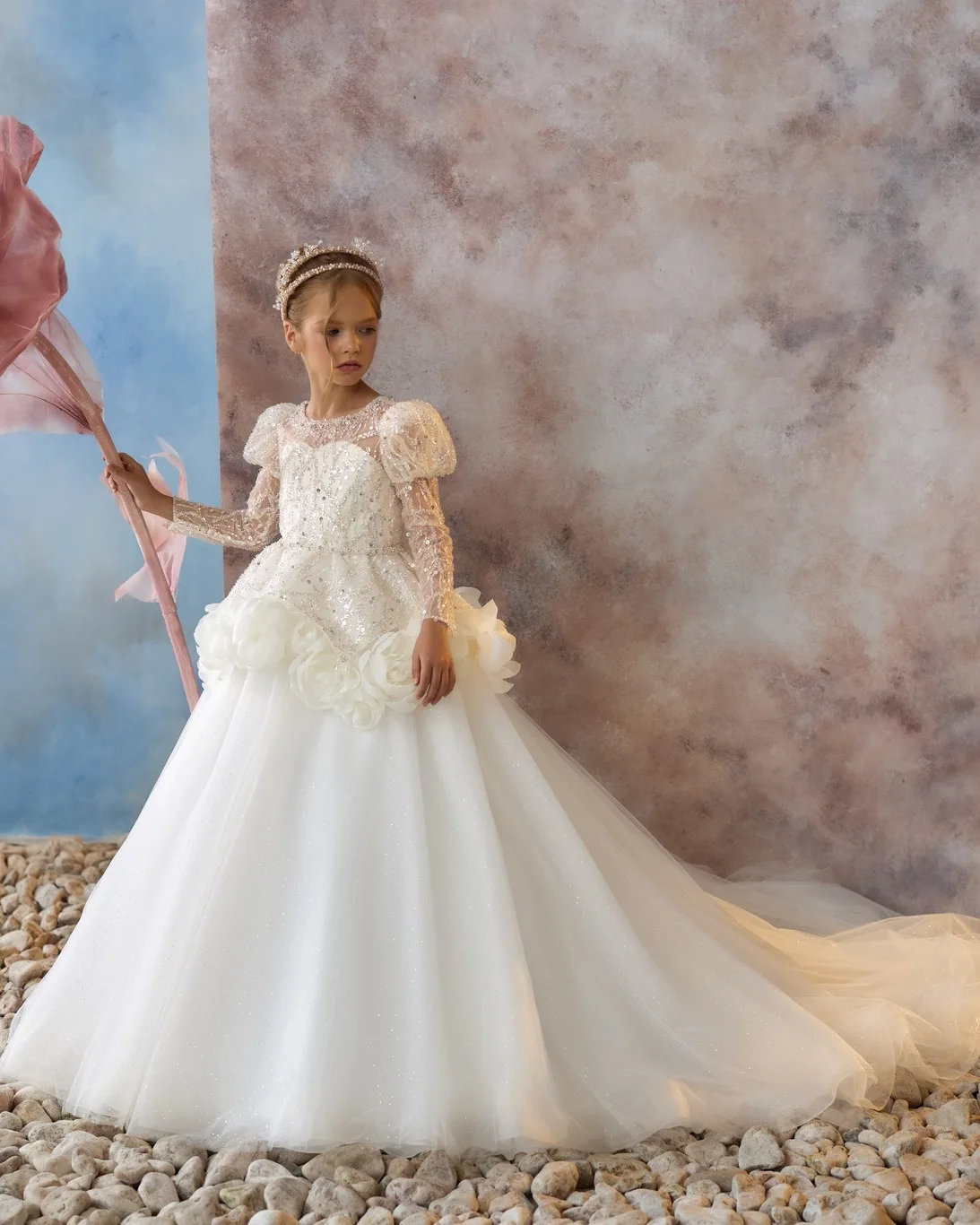 White Sequined Flower Girl Dresses For Wedding Customized Long Sleeve Litter Kids Baby Birthday Gowns First Communion Dresses