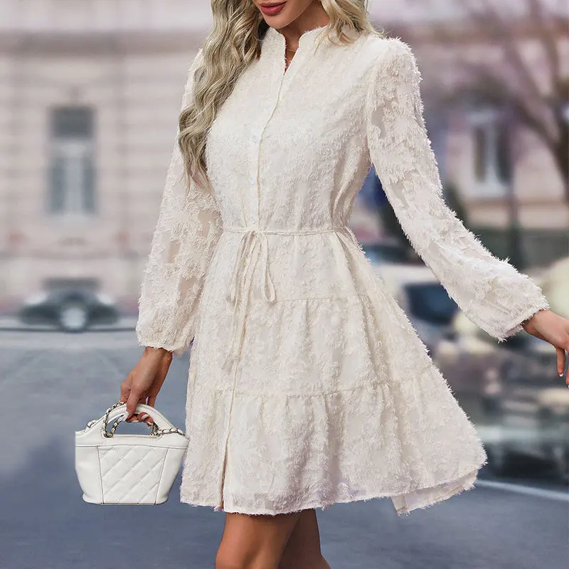 

Women's Fashion Retro Style Dresses Stand Collar Lace Up Bubble Long Sleeved Sexy Dress Elegant Dating Autumn Mini Dress Vestido