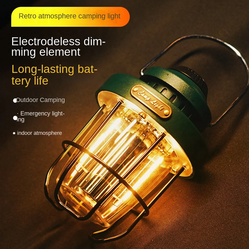 JHD-Camping Portable Retro Lantern Vintage Tent Lighting Lantern USB Rechargeable LED Lamp Hanging Emergency Light