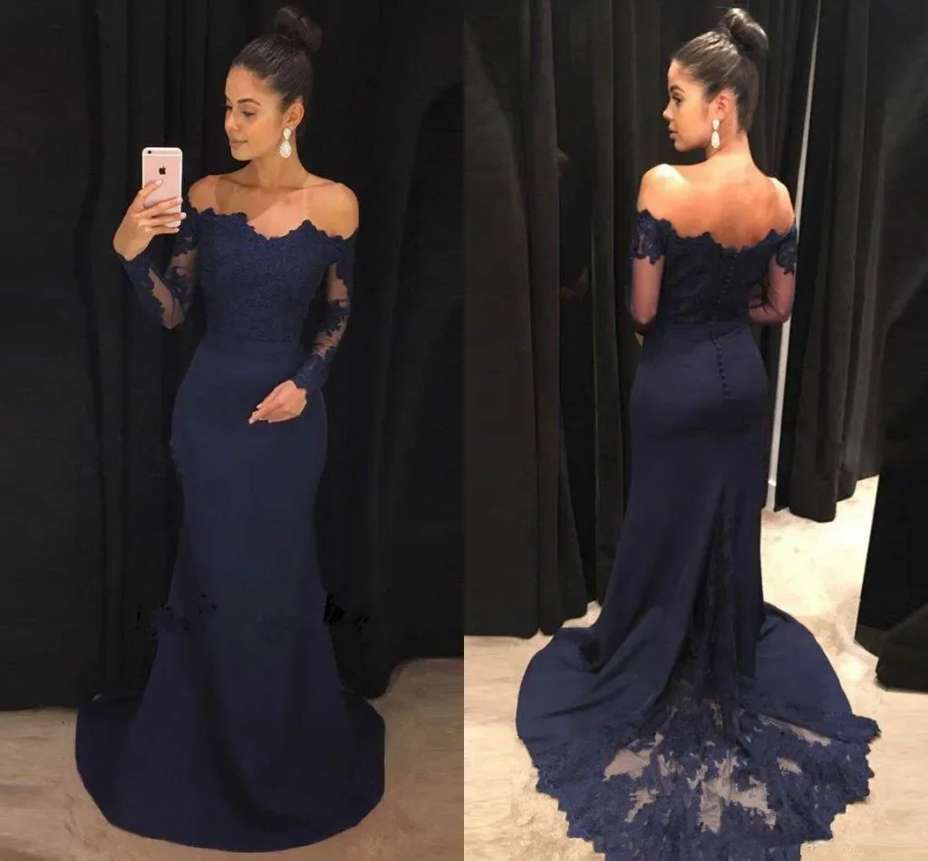 

Vintage Navy Blue Off Shoulder Mermaid Bridesmaid Dresses Cheap Long Sleeves Lace Evening Prom Gown Sexy Wedidng Guest Gown