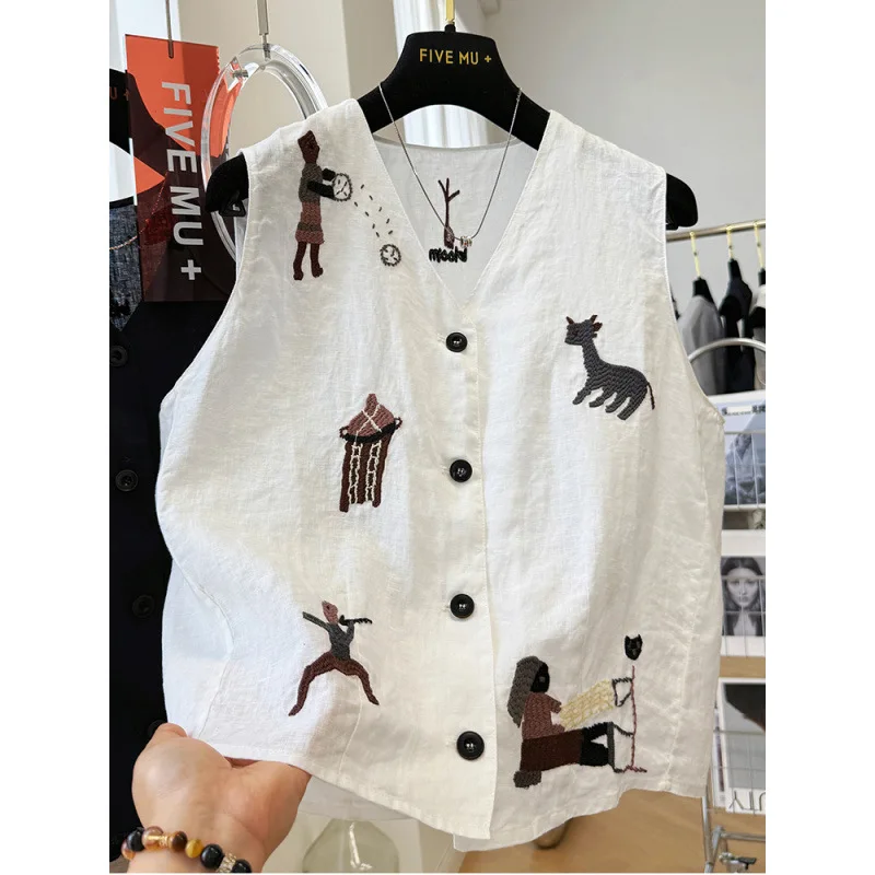 

Women's Sleeveless Outerwear, Korean Style, V-neck, Vest, for Outer Wear, Embroidered, Quick-drying, Comfortable, Fashionable