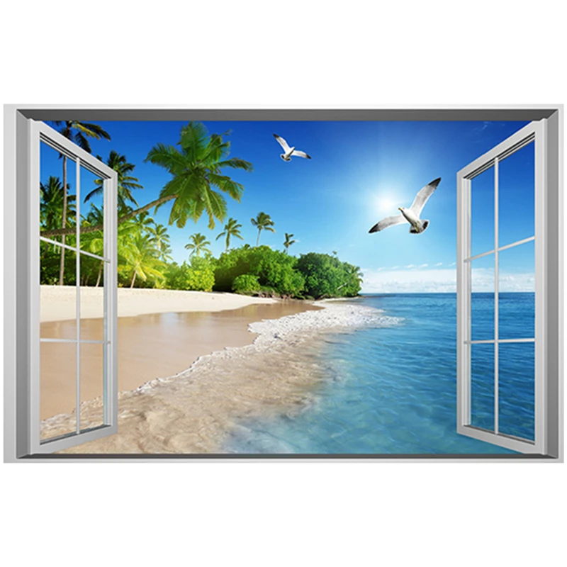 Sunny Sea View Mural Beach Palm Tree Seabird 3D Vinyl Wall Art Stickers for Home Decoration Room Window Scenery Poster Wallpaper