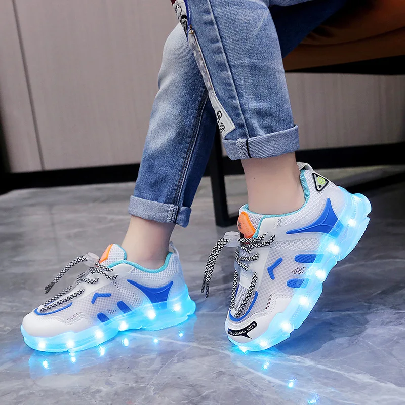 USB Charging Children\'s LED Light Shoes Spring Mesh Breathable Boys and Girls\' Running Shoes Luminous Children\'s Casual Shoes