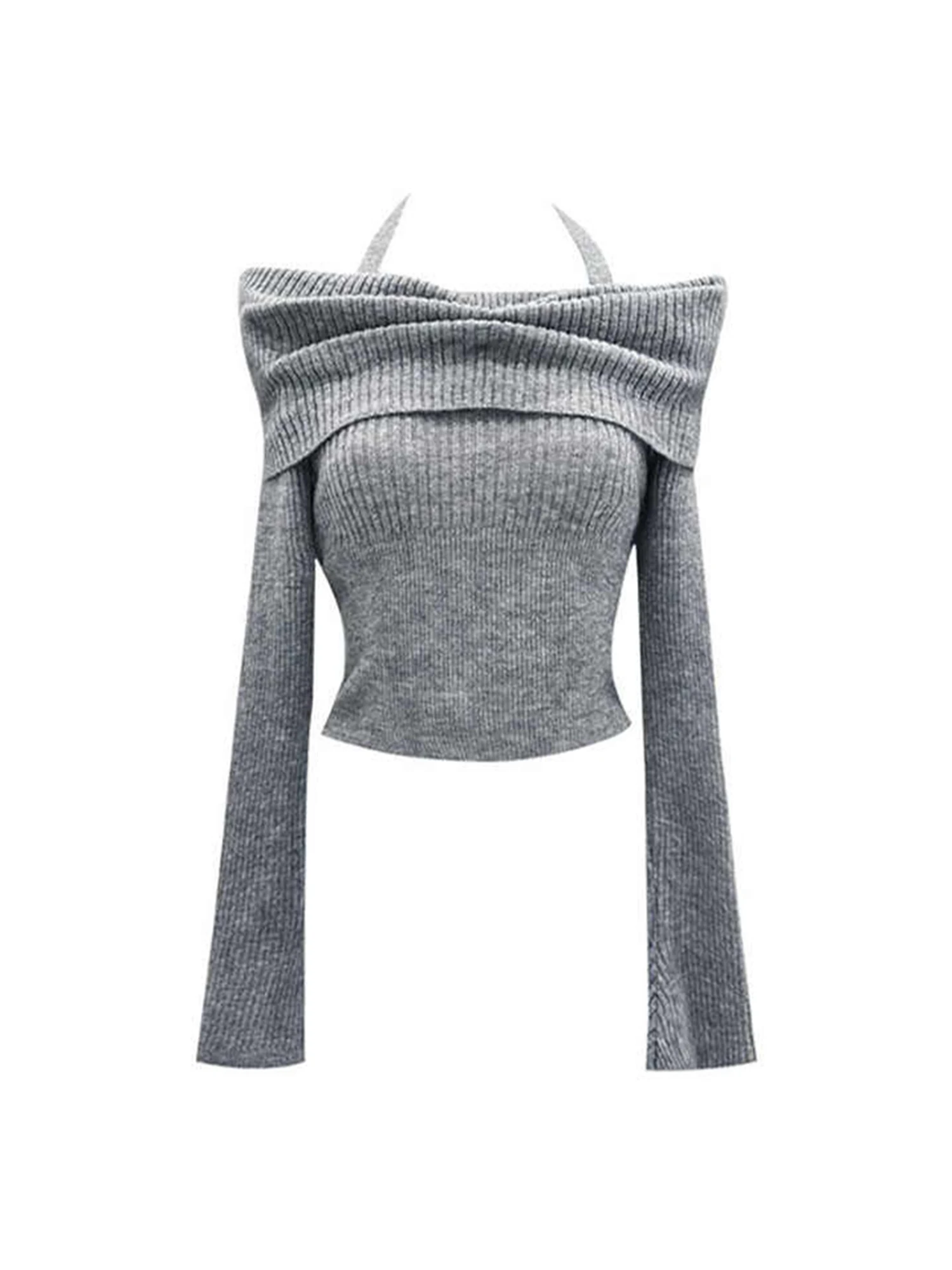 

Women Grey Knitwear Slash Neck Sweater Pullover Korean Style Vintage Long Sleeves Autumn Cashmere Sweater Y2k 2000s Clothes 2025