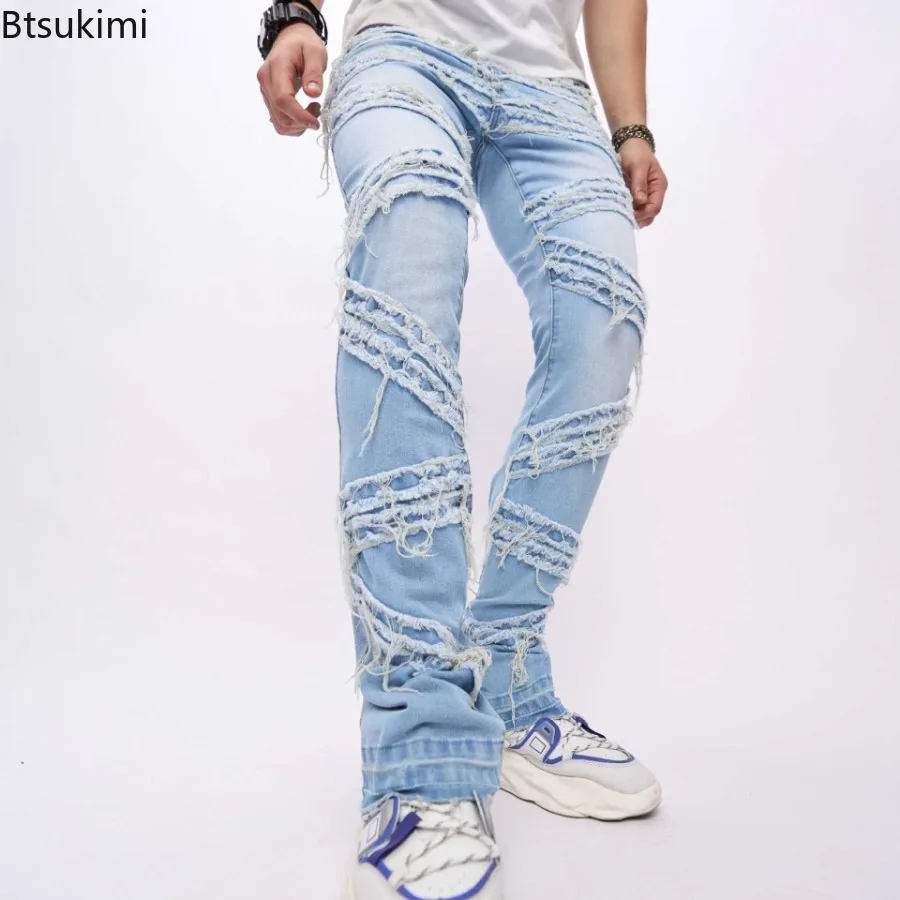 2025 Spring Autumn New Ripped Men's Jeans Street Trends Fashionable Loose Wide Leg Pants Men's Elastic Jeans Casual Men's Pants