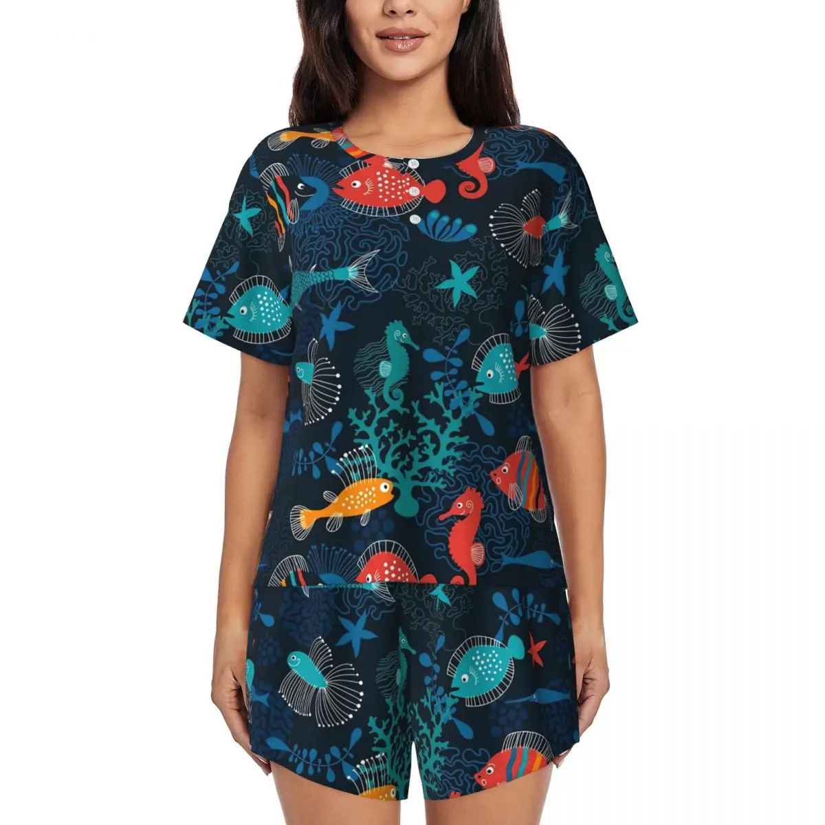 Cute Sea Fish Pajamas Tropical Animal Short Sleeves Kawaii Pajama Sets Two Piece Home Spring Printed Sleepwear Gift Idea