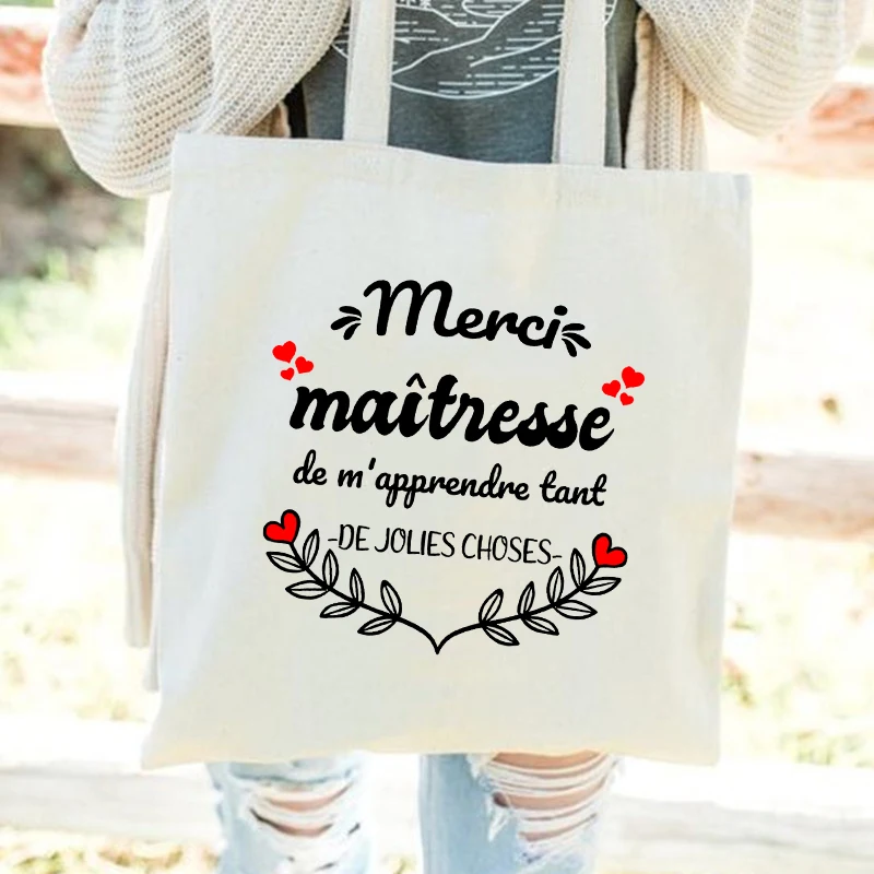 Best Teacher French Print Fashion Women Canvas Shopping Bag Eco Harajuku Aesthetic Personalized Super Mistress School Bags Gift