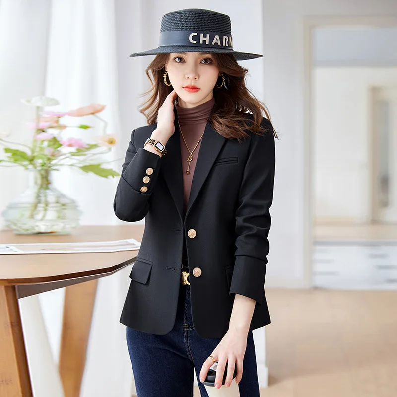 Fashion New Spring Autumn Women Double Button Midnight Navy Slim Blazer Office Lady Casual Short Jacket Coat Girl Clothing Bla12