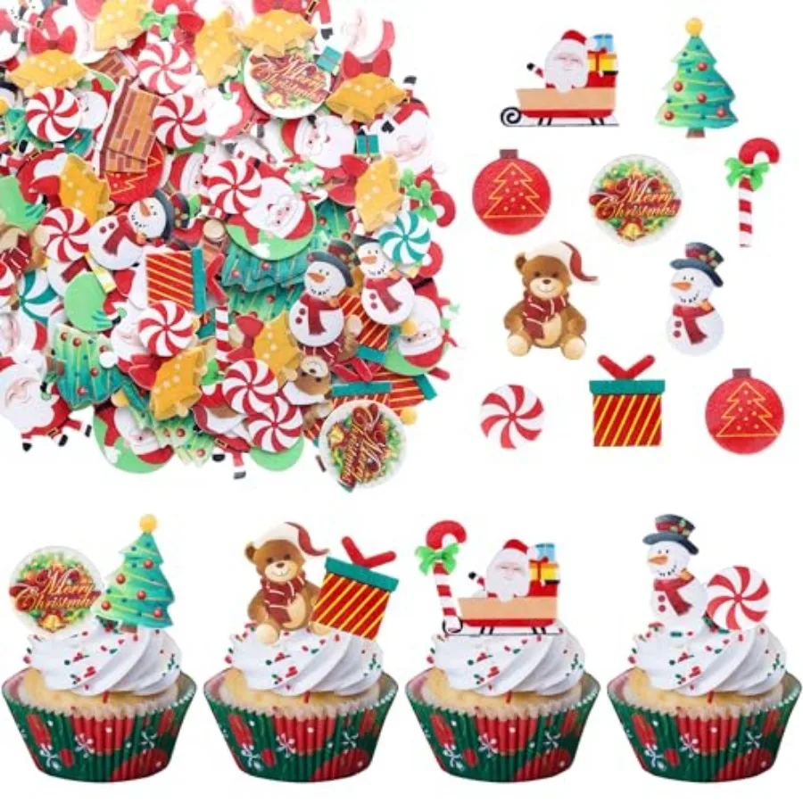 Paquete de 60 Adornos Comestibles para Pastel de Navidad, Papel de Oblea Comestible, Adornos de Papá Noel y Muñeco de Nieve, Decoración Comestible para Pastel de Navidad, Festividades Navideñas y Cumpleaños