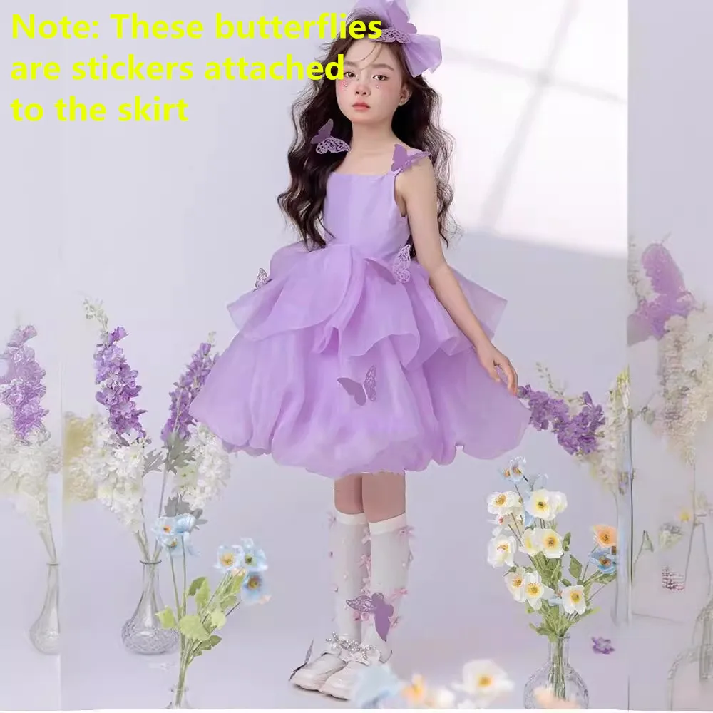 2024 New Summer Girls Purple Suspenders Dress Children Elegant Evening Birthday Party Fluffy Dresses y1247