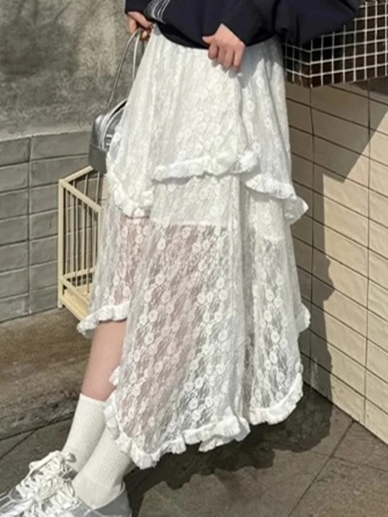 

ROUJE KEFSS Women's Mid-Length Asymmetrical Lace Trim Half Skirt Elastic Waist Spring New Style plus Size Fashionable