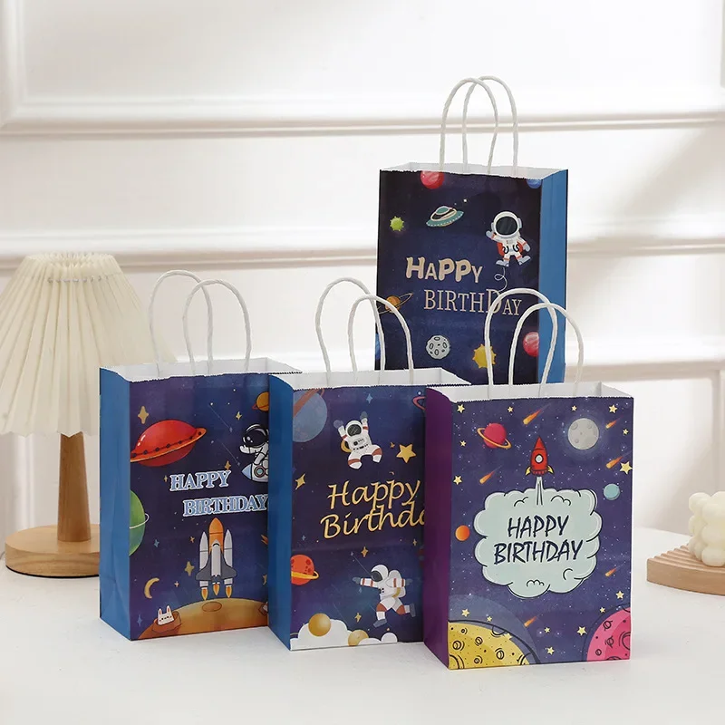 4Pcs Cartoon Outer Space Astronaut Theme Paper Gift Packing Bag Candy Cookie Bag for Kids Birthday Baby Shower Party Decoration