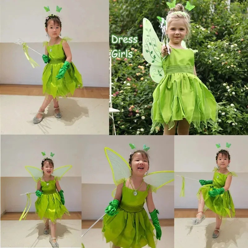 Costume da fata per ragazze, costume da carnevale di Halloween, elfi, festa, costume cosplay di Peter Pan per bambini, abiti fantasia da Campanellino verde