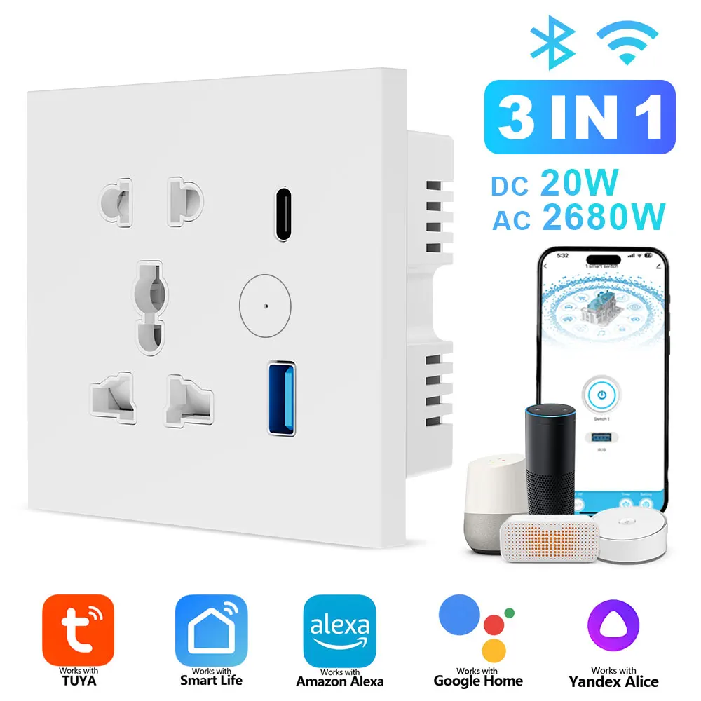 

Умная розетка Wi-Fi, универсальная розетка Tuya, ЕС, Великобритания, QC3.0, розетка для быстрой зарядки USB Type-C, работает с Alexa Google Home