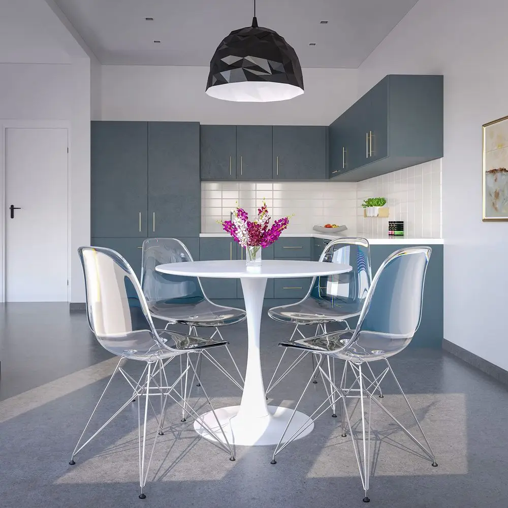 

Bristol 35 Wide Round Dining Table, Modern MDF Wood Top amp White Metal Pedestal Base Gloss Finish Accent Table MidCentury Cafe