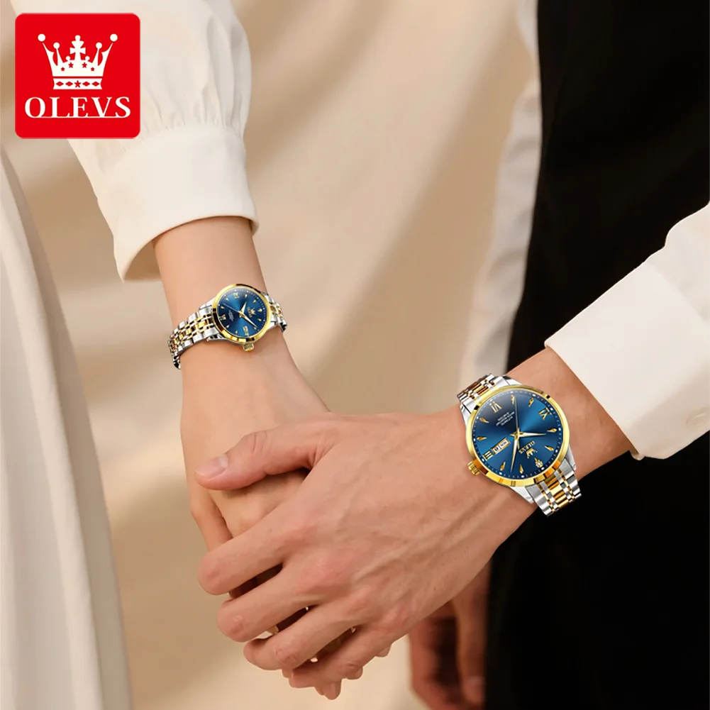 OLEVS Original Couple Watch Men and Women Watch Luxury Dress Automatic Mechanical Stainless Steel Waterproof Luminous Date watch