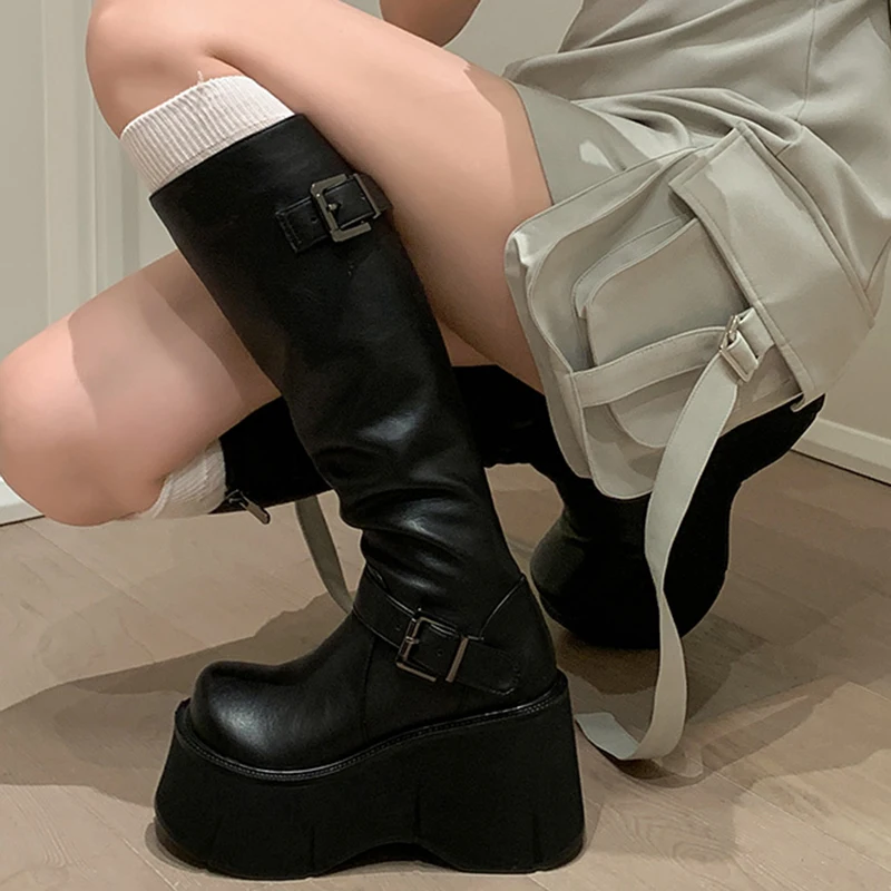 Women Punk 10CM Platform Buckle Boots Shoes Chunky Motorcycle Simplicity Boot Cool Nightclub Party Zipper Casual Outdoor Shoes