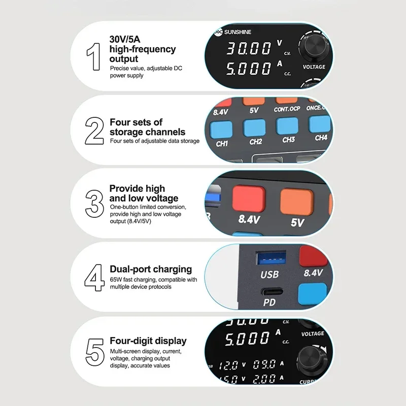 SUNSHINE P2 PRO Intelligent Regulated DC Power Supply 265W Toroidal Transformer Four-digit Display 65W Fast Charge Power Supply