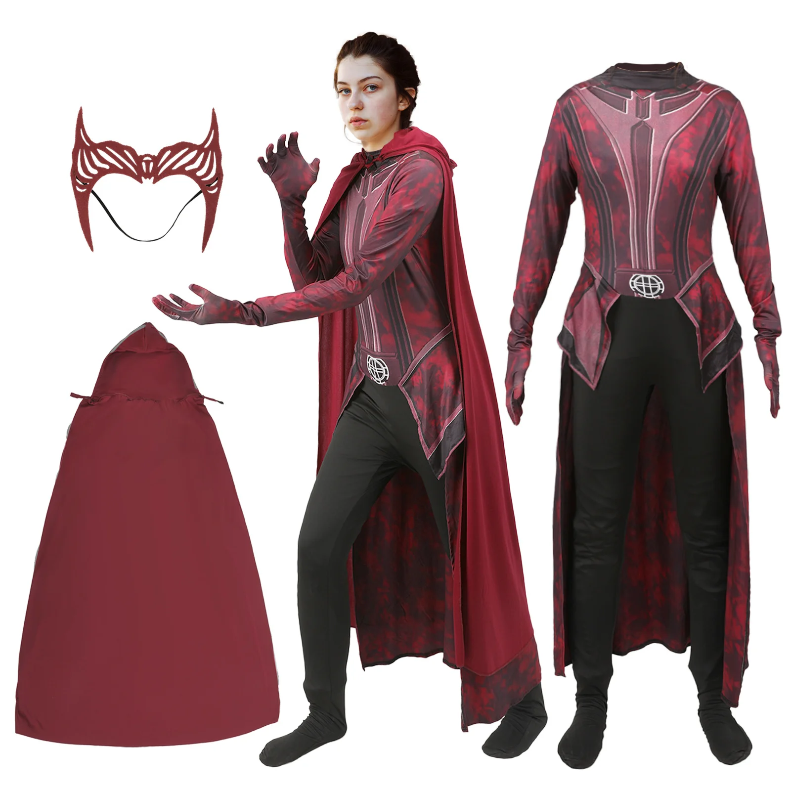 Women Girls Scarlet Witch Cosplay Halloween Costume Movie Superhero Cos Jumpsuit and Cloak Outfit for Party Carnival