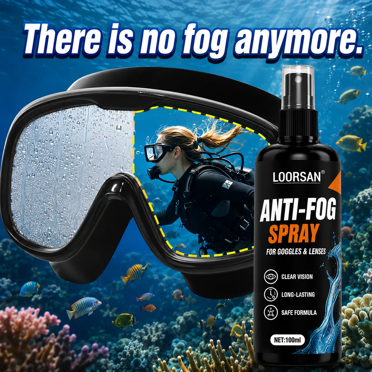 LOORSAN 100ml Anti Fog Spray for Swimming Goggles Diving Mask Snorkel & Scuba Long-Lasting Lens Cleaner Defogger