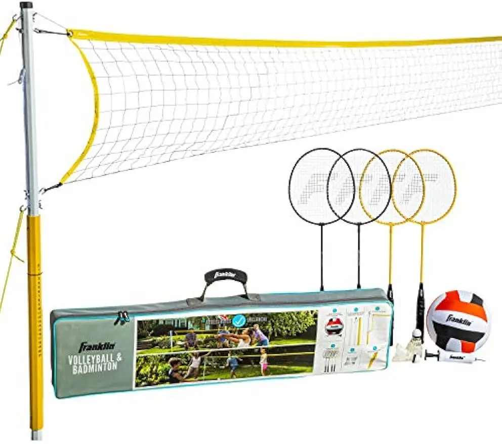 

Portable Volleyball & Badminton Combo Set with Net, Poles, Rackets, Birdies for Backyard Beach Outdoor Fun