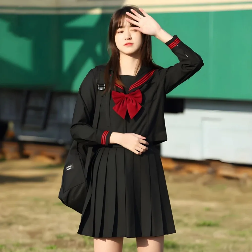 Uniforme scolaire d'étudiant japonais et coréen de style collège orthodoxe noir, uniforme JK pour filles, jupes supérieures de classe trempées de marin Anime Cosplay