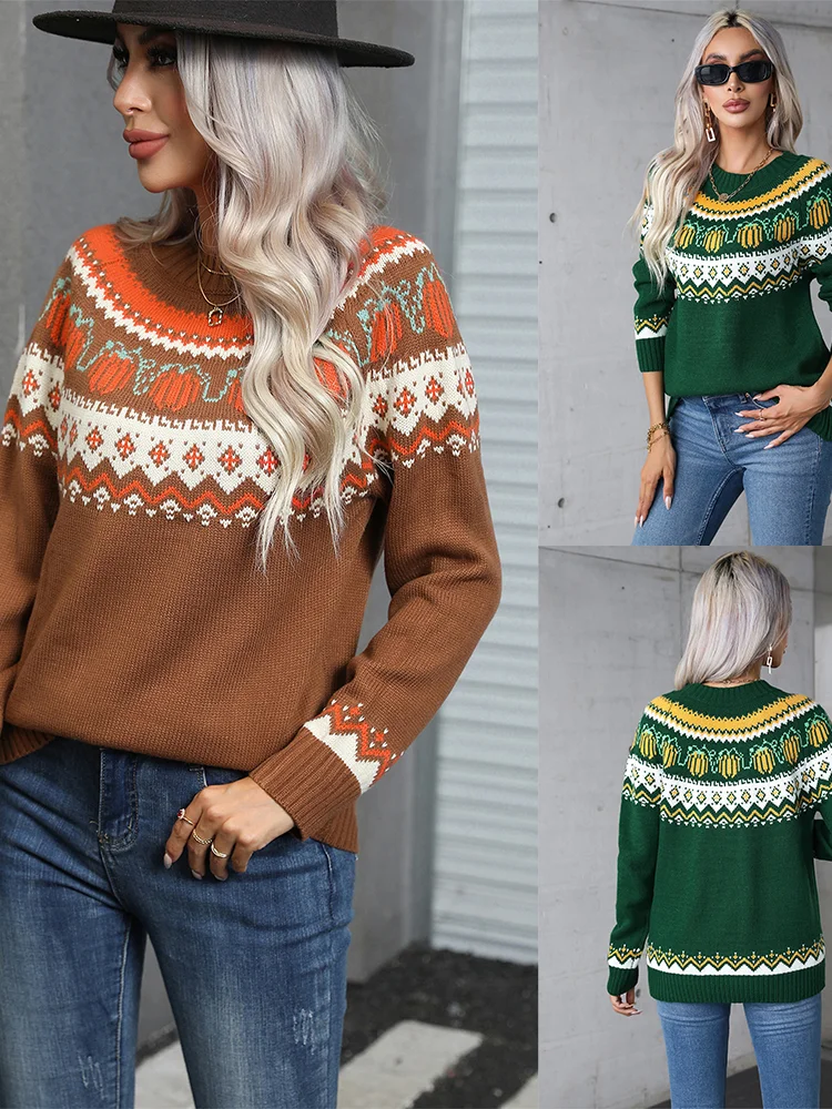 Vintage Printed Round Neck Knitted Sweater Women Elegant Long Sleeve Loose Warm Pullover 2024 New Autumn Lady Commute Streetwear