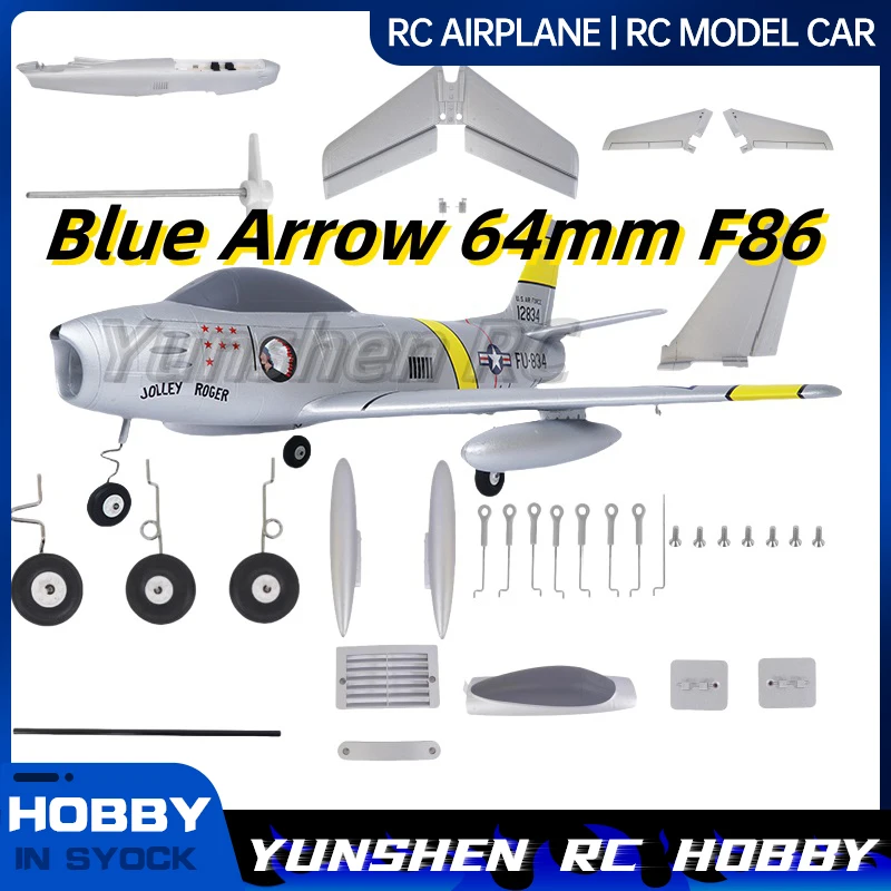 Blue Arrow 64mm F86 Aircraft Accessories Fuselage Main Wing Flat Tail Steel Wire Landing Gear Sticker Fuel Tank Screw Set