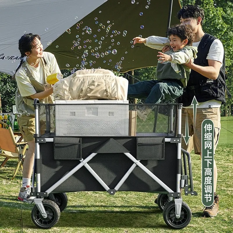 Foldable Camping Wagon Heightened Rear Open Bucket Portable Hand Push Trolley for Outdoor Picnic Camping Travel