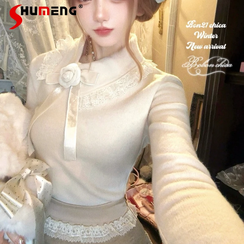 

French Style Socialite Lace Half-Collar Knitwear Bottoming Shirt Long Sleeves Slim Fit Sweet Cute Solid Color Knitted Sweater