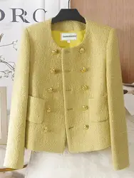 Alta qualità autunno nuova moda donna collo tondo elegante giacca di Tweed giallo doppio petto cappotto femminile Vintage Chaquetas
