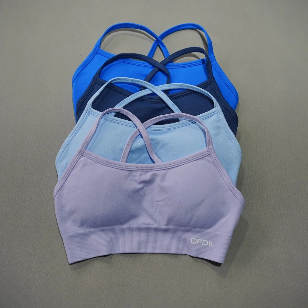 2026 Trend DFDK Beautiful Cross Back Yoga Bra Seamless Wirefree Shockproof Push Up Removable Padding Training Fitness Top